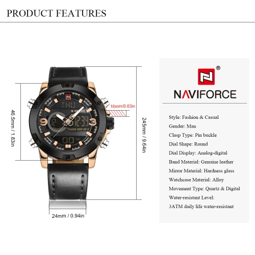 NAVIFORCE Man Fashion Casual Sports Military Wristwatch Dual Time Analog-Digital Display Watch 3ATM Water Resistant Good Quality Genuine Leather Strap Luminous Hands