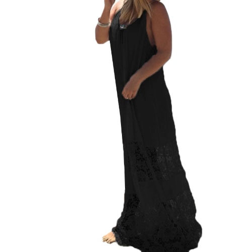 Women Summer Dress Solid Lace Splice Spaghetti Strap Loose Long Beach Maxi Plus Size Floor-length Dress