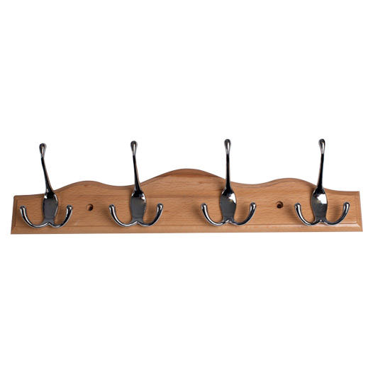 Triple Hat & Coat Hooks, 4 x Bright Chrome Hooks on Scalloped Beech Rail