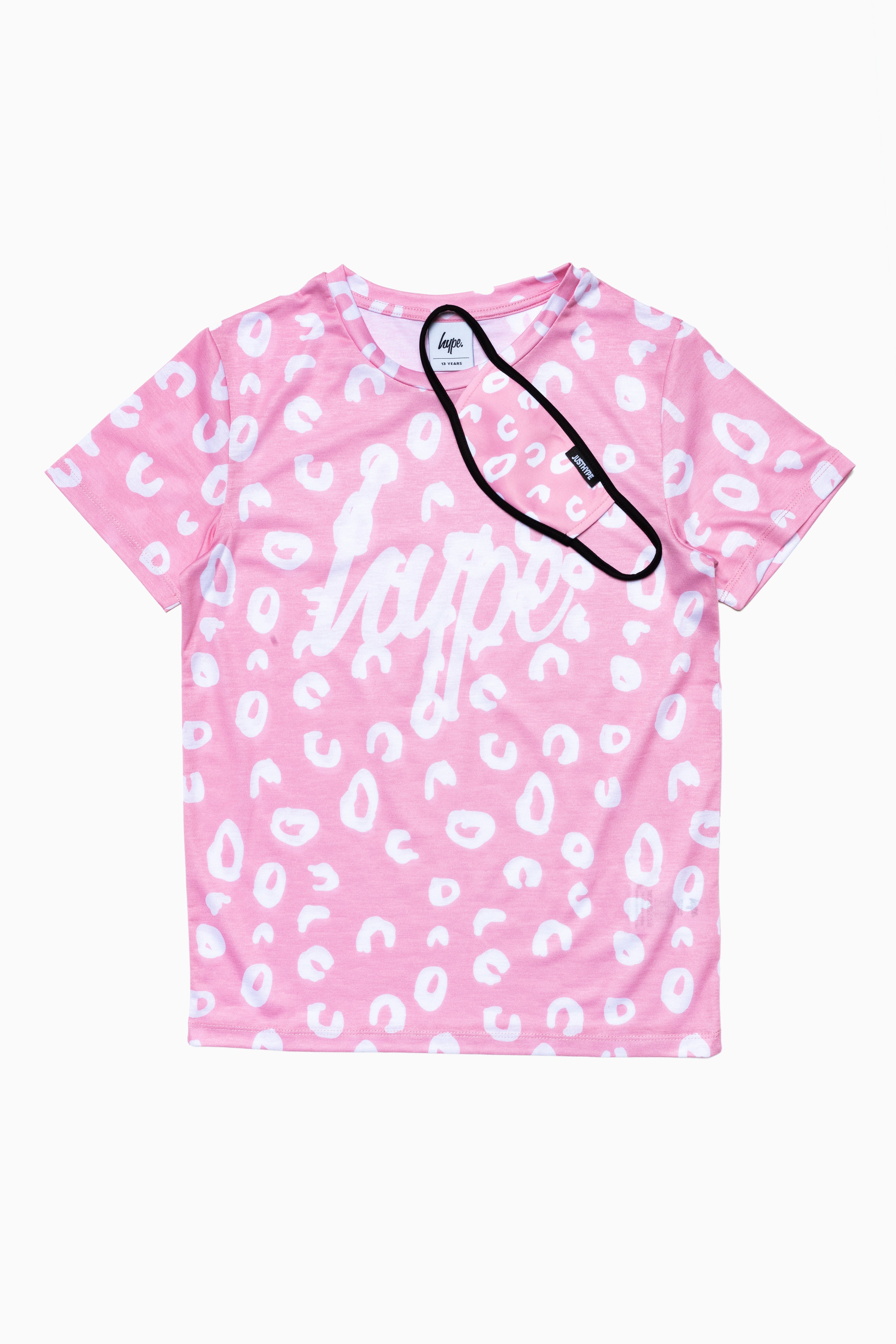 Hype Pink Leopard Kids Pink/white T-Shirt & Face Mask Set | Size 14Y
