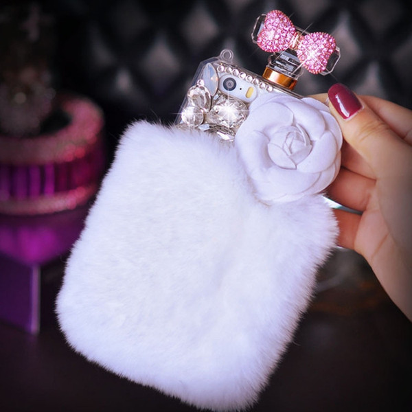 fashion rabbit hair diamond phone case designer perfume bottle shape cover for iphone 11pro max xs xr xsmax 7 8plus iphone 6s