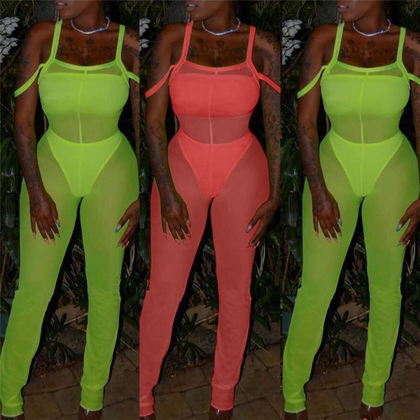 Summer Women Jumpsuit Solid Color Trousers Bodycon Jumpsuit Women Clubwear Playsuit See Through Romper Pants Bandage Romper