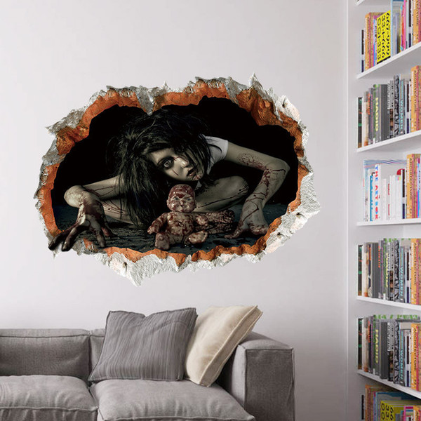 cool big wall sticker halloween decoration 3d view scary bloody broken ghost sticker home halloween party diy decoration e