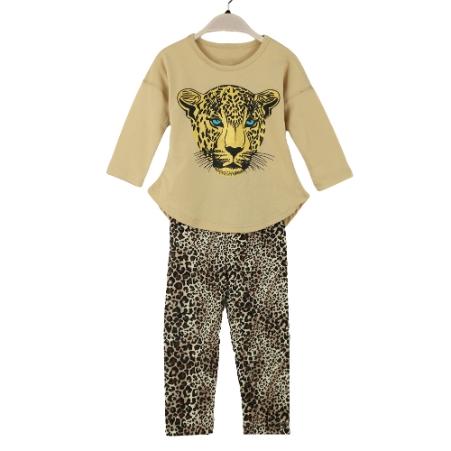 New Fashion Girls Clothing Sets T-shirt Leggings Leopard Head Print Round Neck Long Sleeve Cute Suit
