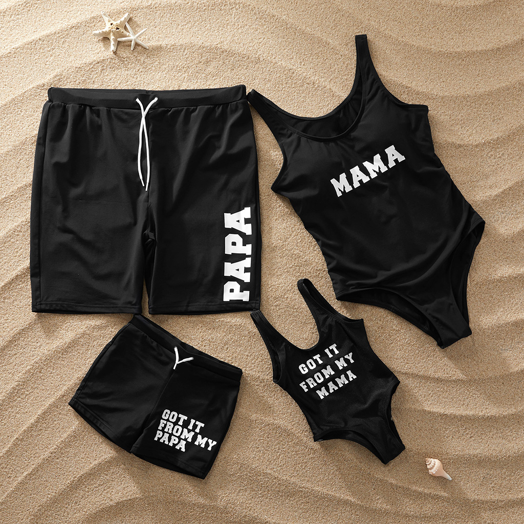 Sweet Letter Print Family Matching Swimsuit in Black
