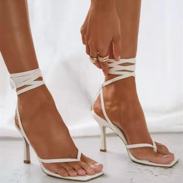Sandals 2021 Fashion Sexy Lace Up Women Square Toe Thin Heel Cross Tied Party Shoes Black White Size 35-43 Sandalias Femenina