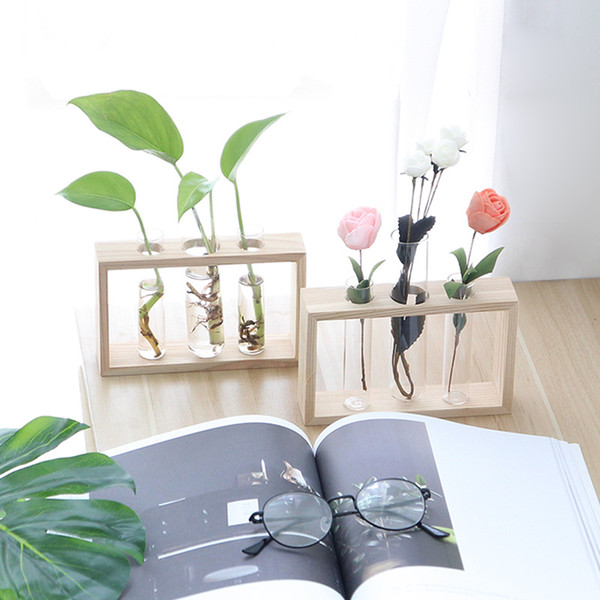 modern flower bud vase with wood stand tableglass terrarium for propagating hydroponics plants,home office decoration