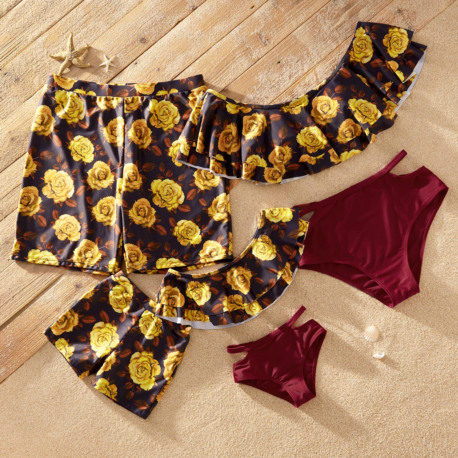 Flounce Golden Rose Print Matching Swimsuits