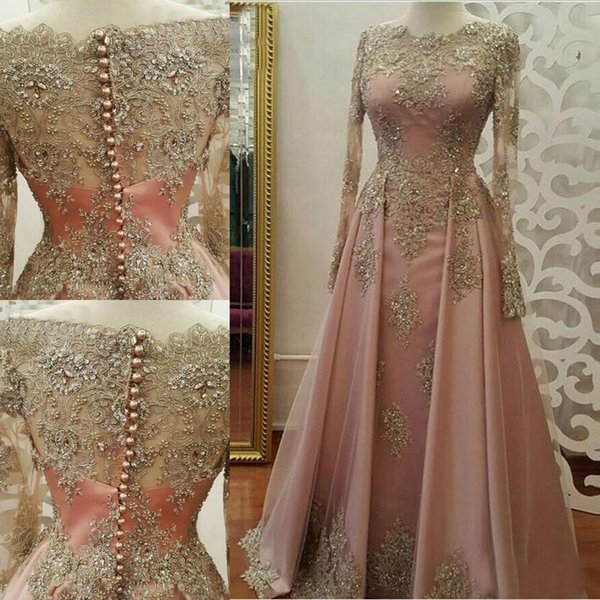 Real Photo Champagne Tulle Long Sleeves Evening Dresses Pink Lace Appliques Formal Party Gowns Elegant Long Prom Dress Custom Robe de soire