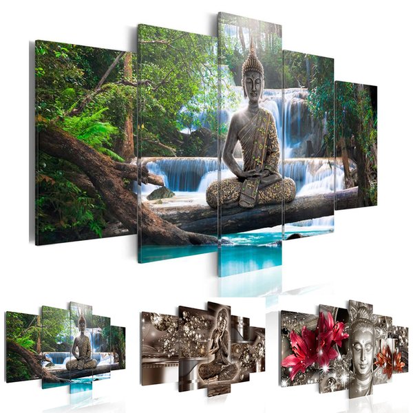 5 Panel Abstract Printed Buddha Painting Canvas Wall Art Home Decor Buddha Scenery Flower Picture For Living Room Unframed