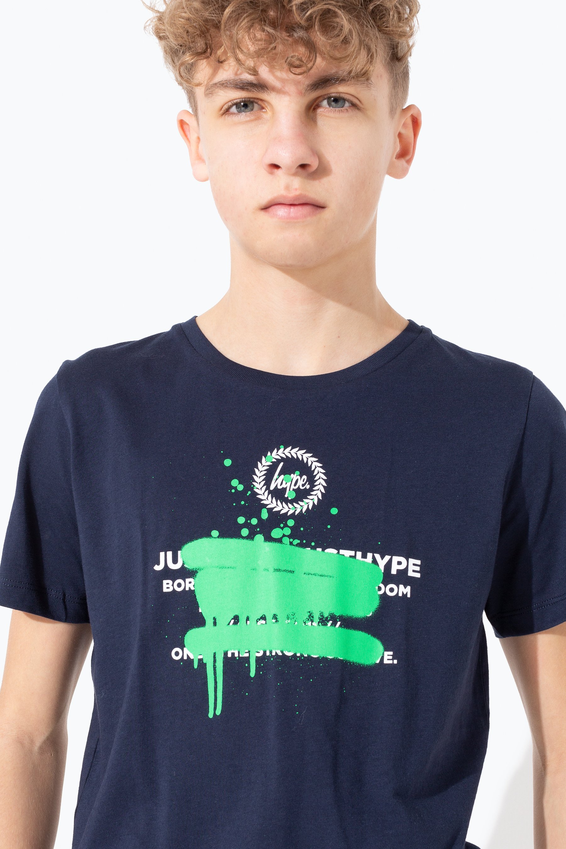Hype Green Spray Graffiti Kids Navy T-Shirt | Size 13