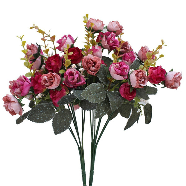 7 branch 21 heads artificial silk fake flowers leaf rose wedding floral decor bouquet,pack of 2 (pink coffee)