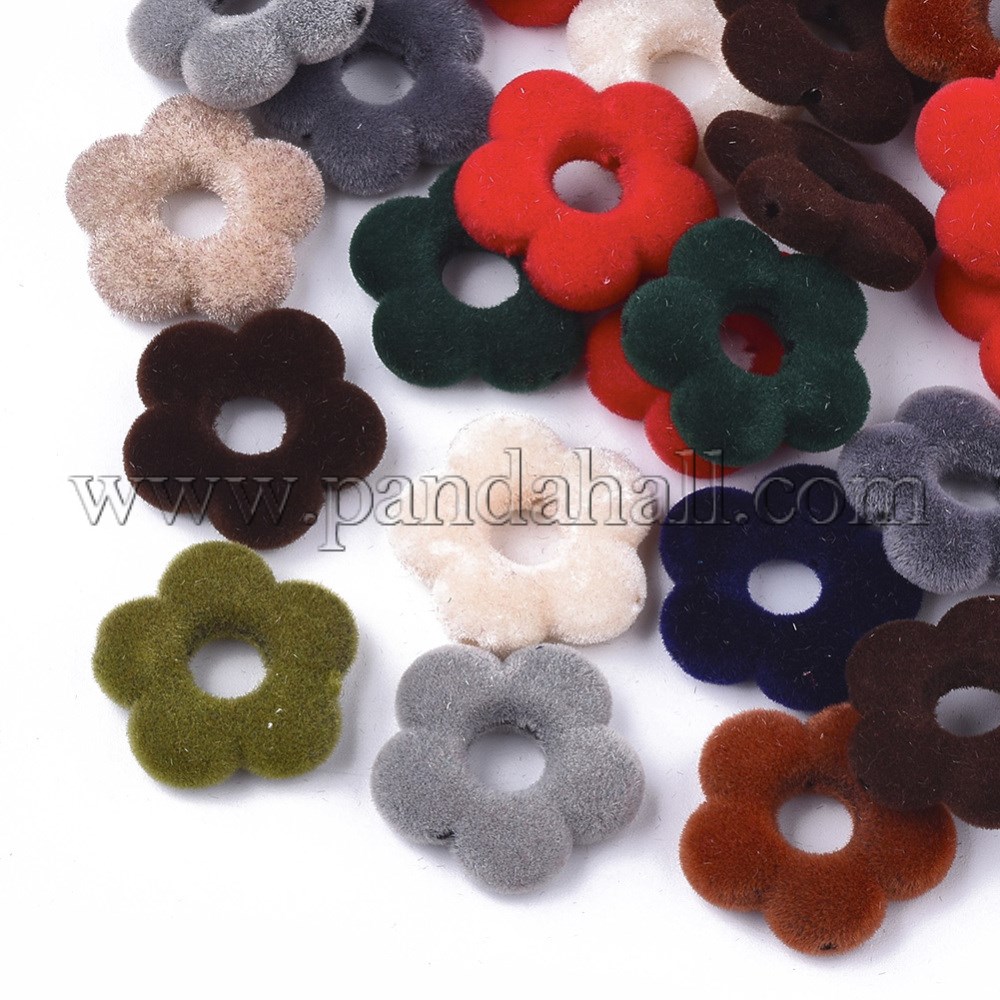 Flocky Acrylic Bead Frames, Flower, Mixed Color, 19x19.5x5mm, Hole: 1mm; Inner Diameter: 6mm