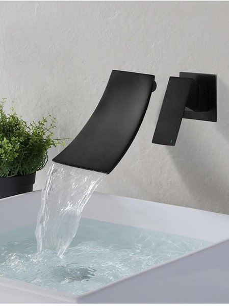 Bathroom Sink Faucets Black / Chrome Wall Mounted Waterfall Basin Faucet And Cold Water Single Handle Double Control