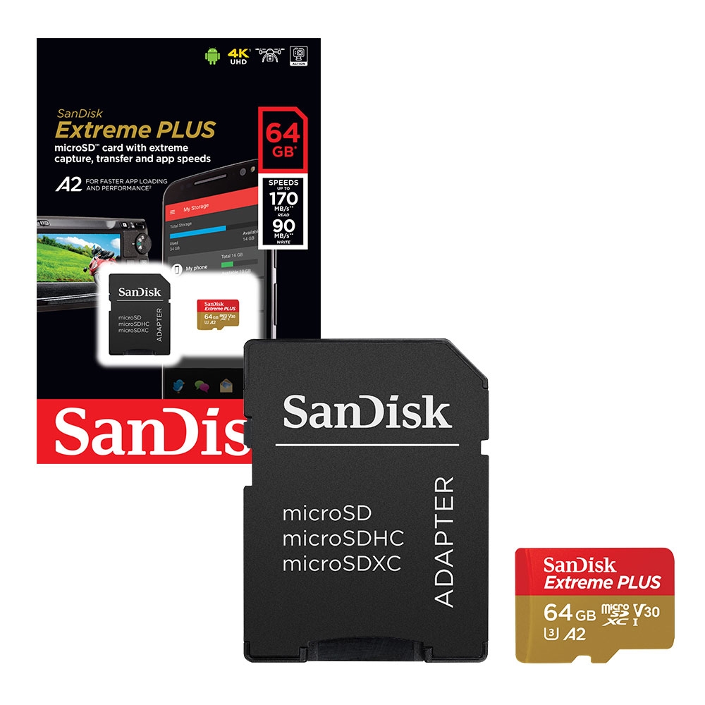 SanDisk Extreme Plus Micro SD SDXC Memory Card Class 10 UHS-1 U3 UHD 4K A2 V30 170MB/s with SD Card Adapter - 64GB