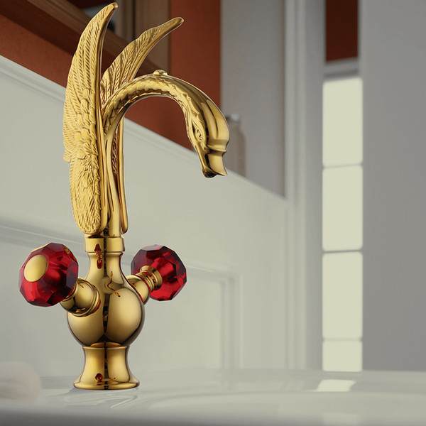 single hole double green /red /clear crystal handles bathroom basin swan faucet deck mount new