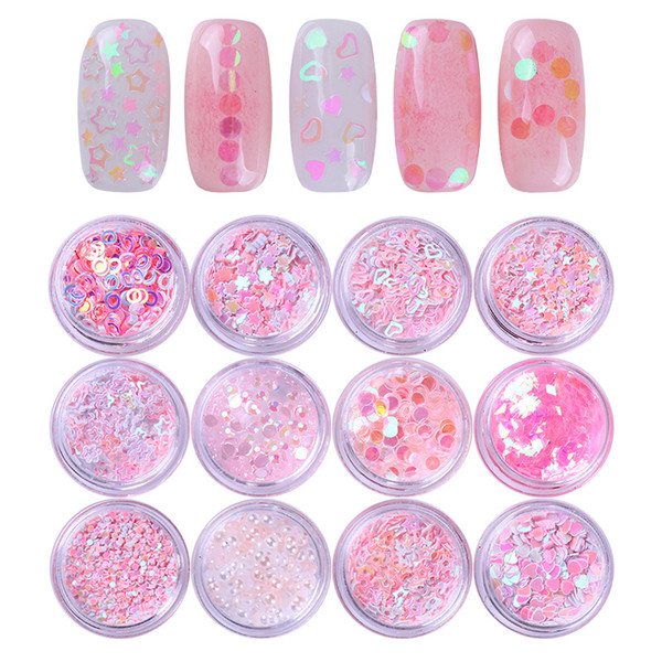 12 boxes holographic ab color nail sequins glitter flakies rhinestones pink star heart pearl nail art 3d decoration manicure