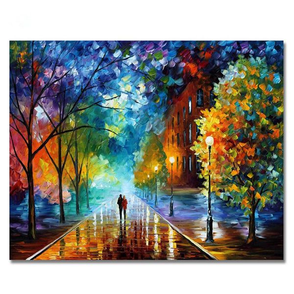 Landscape Art Oil Paintings Hand Painted Lover in the Rain Wall Decoration Thick Oil Palette Knife Unframed