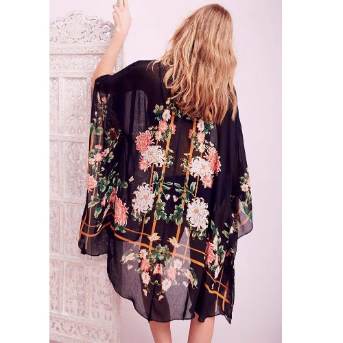 Women Beach Cover Up Floral Print Open Front Loose Retro Boho Cardigan Shawl Poncho Black