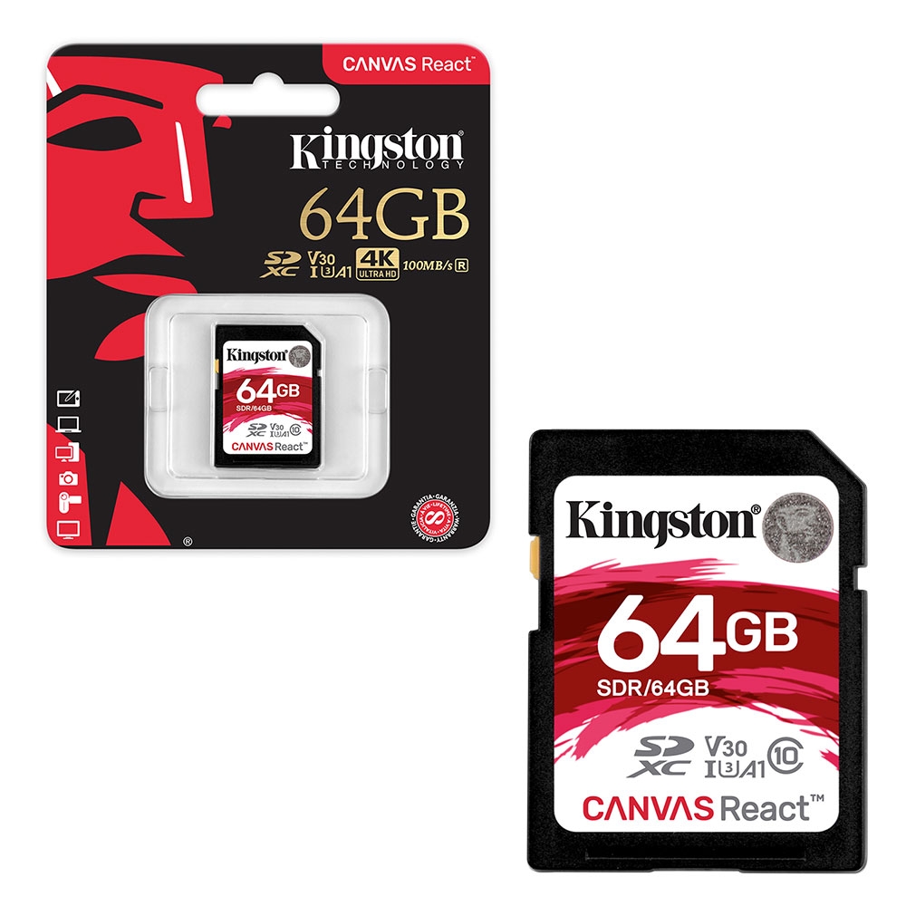 Kingston SD SDXC UHS-I U3 Canvas React 100MB/s Class 10 V30 Memory Card - 64GB