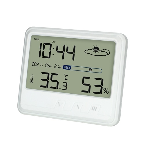 Indoor Hygrometer Thermometer mit Uhrzeit Datum Woche Hintergrundbeleuchtung LCD Display Uhr Kalender USB Schreibtisch Elektronische Temperatur-Feuchtemesser mit Halterung für Gewächshaus Keller