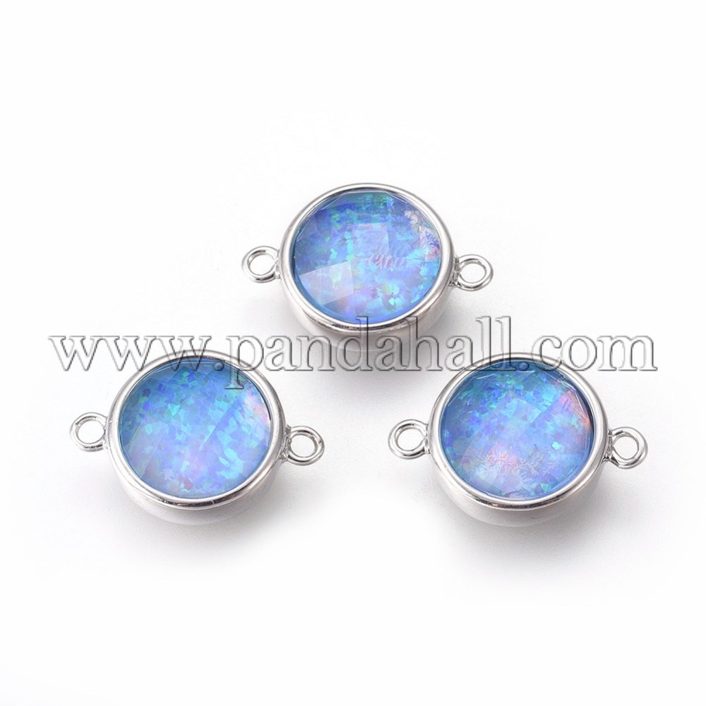 Sythetic Opal Links/Connectors, with Brass Findings, Flat Round, Platinum, CornflowerBlue, 17.5x12x5.5~6mm, Hole: 1.5mm