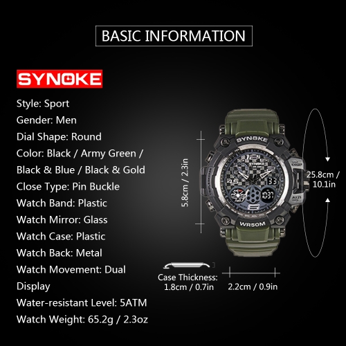 SYNOKE Digital Sport Watch 5ATM Water-resistant Men Watches Backlight Dual Display Wristwatch Male