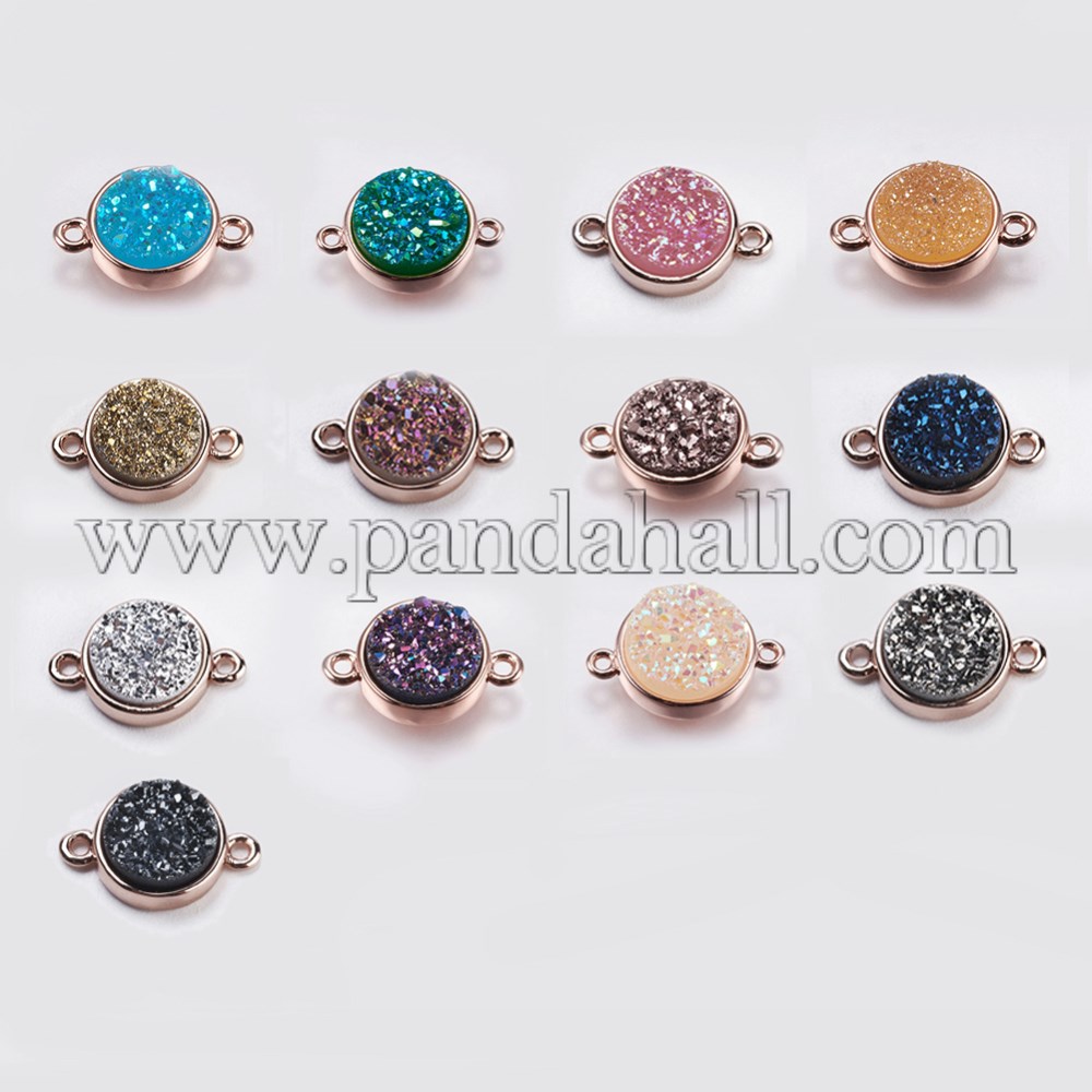 Druzy Resin Links/Connectors, with Brass Findings, Flat Round, Rose Gold, Mixed Color, 14.5x9.5x3.5~4mm, Hole: 1.5mm