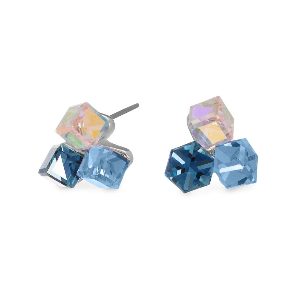 Silver Plated Blue Crystal Triple Cube Stud Earring Made With Swarovski Crystals