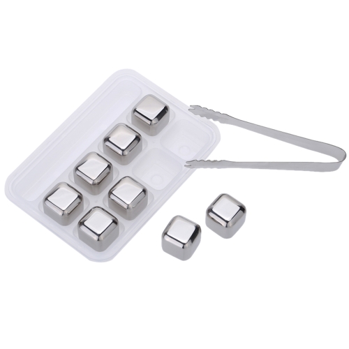 8Pcs Reusable Stainless Steel Cooler Set Wine Drinks Cooling Chilling Cube with Plastic Storage Case Tongs