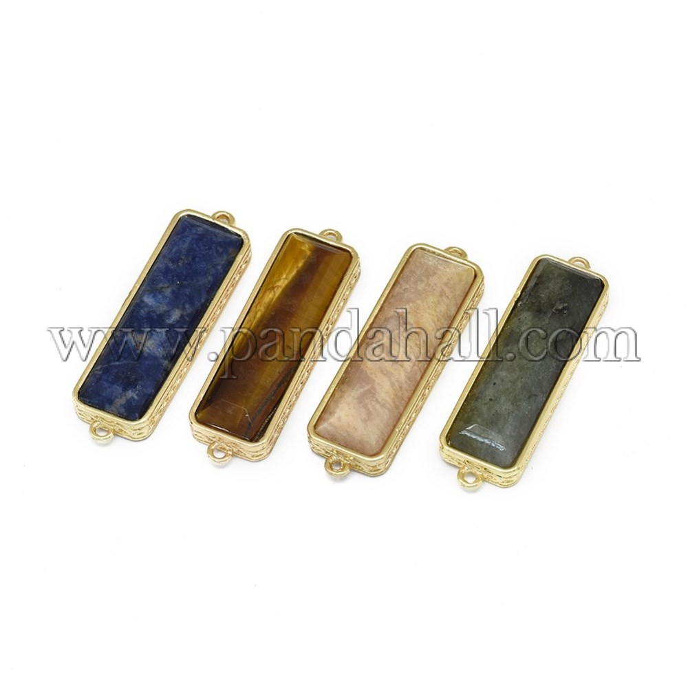 Natural Mixed Stone Links/Connectors, with Brass Findings, Faceted, Rectangle, Golden, 33.5x9.5~10x5mm, Hole: 1.2~1.4mm