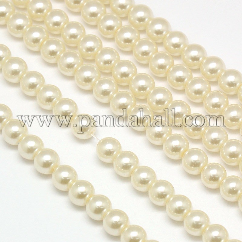 Environmental Dyed Glass Pearl Round Beads Strands, Cotton Cord Threaded, Beige, 10mm, Hole: 0.7~1.1mm; about 42pcs/strand, 15