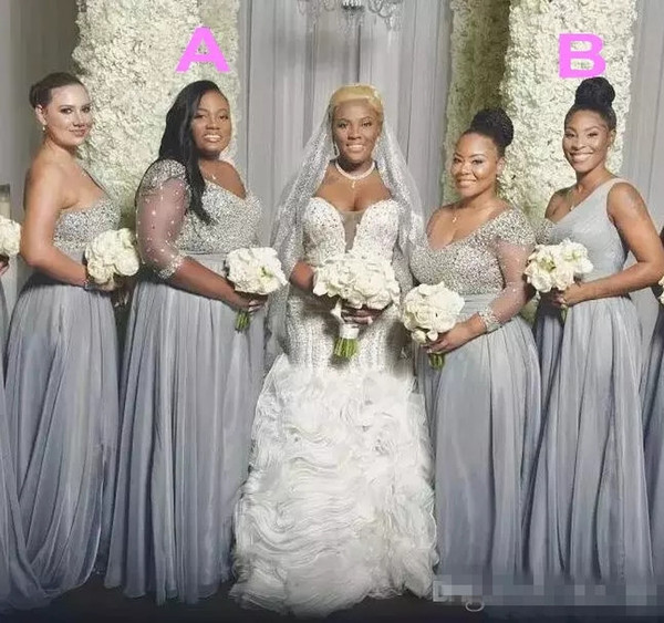 African Plus Size Bridesmaid Dresses Long Sleeves One Shoulder maid Of Honor Dress Beaded Sequins Two Styles Wedding Party Dress