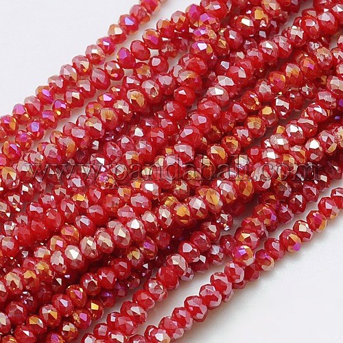 Electroplate Glass Beads Strands, AB Color, Faceted, Rondelle, Red, 4x3mm, Hole: 1mm; about 138pcs/strand, 16.5