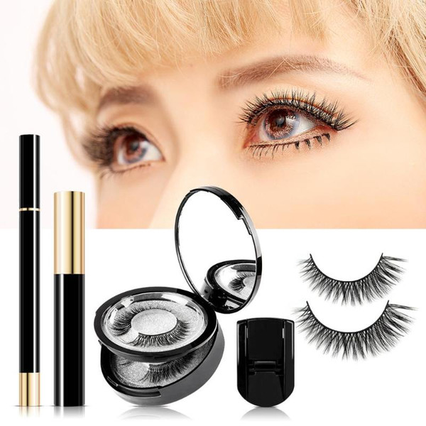 2020 new arrival no glue no magnet eyelash magic false eyelash 3 pairs lashes & magic eyeliner & mascara curler set