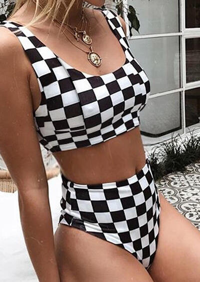 Plaid High Waist Bikini Set without Necklace- Plaid