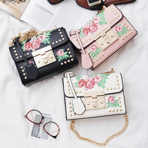 Women Floral Embroidered Shoulder Bag Chain Rivets PU Leather Flap Front Casual Mini Crossbody Bag