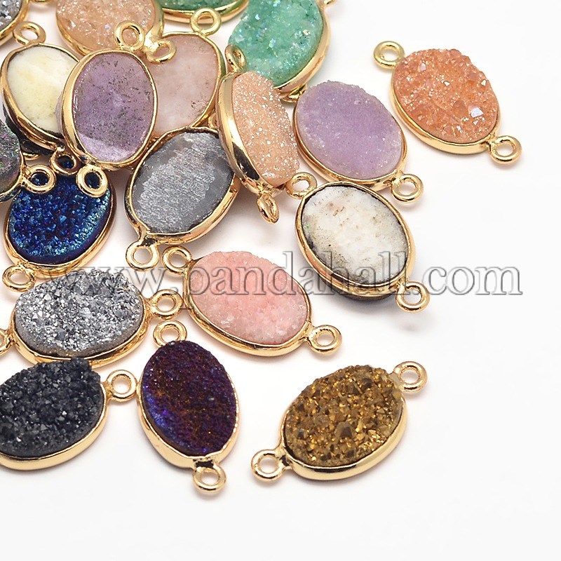 Electroplate Natural Druzy Crystal Links/Connectors, with Golden Tone Brass Findings, Oval, Dyed, Mixed Color, 23x12x4~8mm, Hole: 2mm