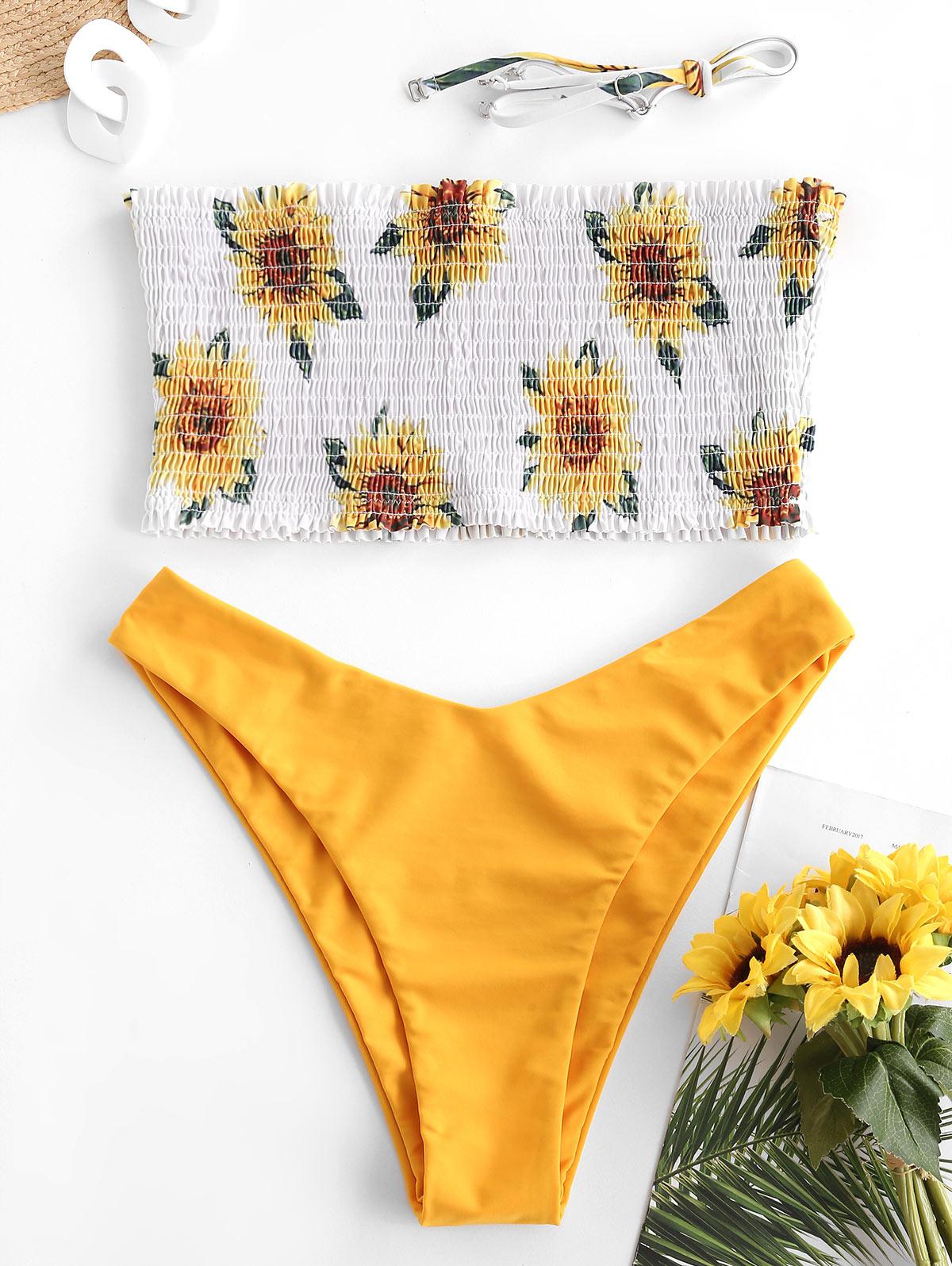 ZAFUL Floral Sunflower Daisy Bandeau Smocked Bikini Swimsuit S Deep yellow