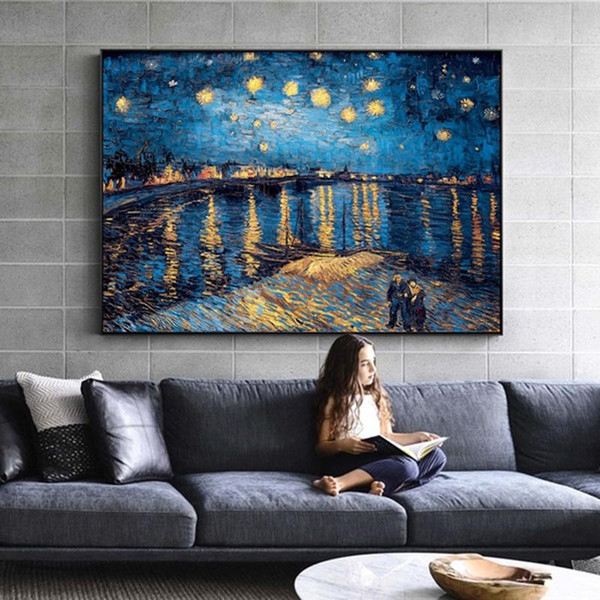 van gogh starry night canvas paintings replica on the wall impressionist starry night canvas pictures for living room(no frame)
