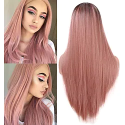 Fashion Orange Pink Women's Wigs Silk Straight Ombre Pink Wig 22 Inch Dark Brown Roots Non-Lace Front Middle Part Synthetic Cosplay Halloween Wig Lightinthebox