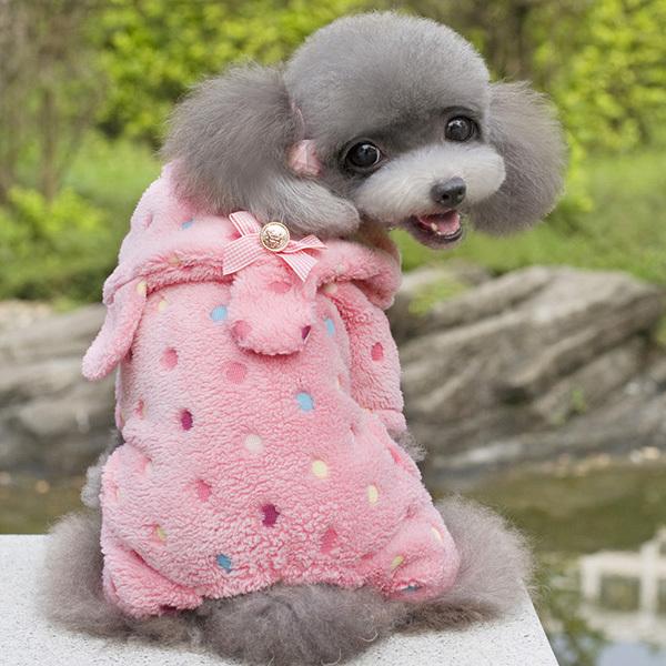 wholesale-puppy pet dog dot+bow soft warm jumpsuit pajamas coat hoodie clothes costume