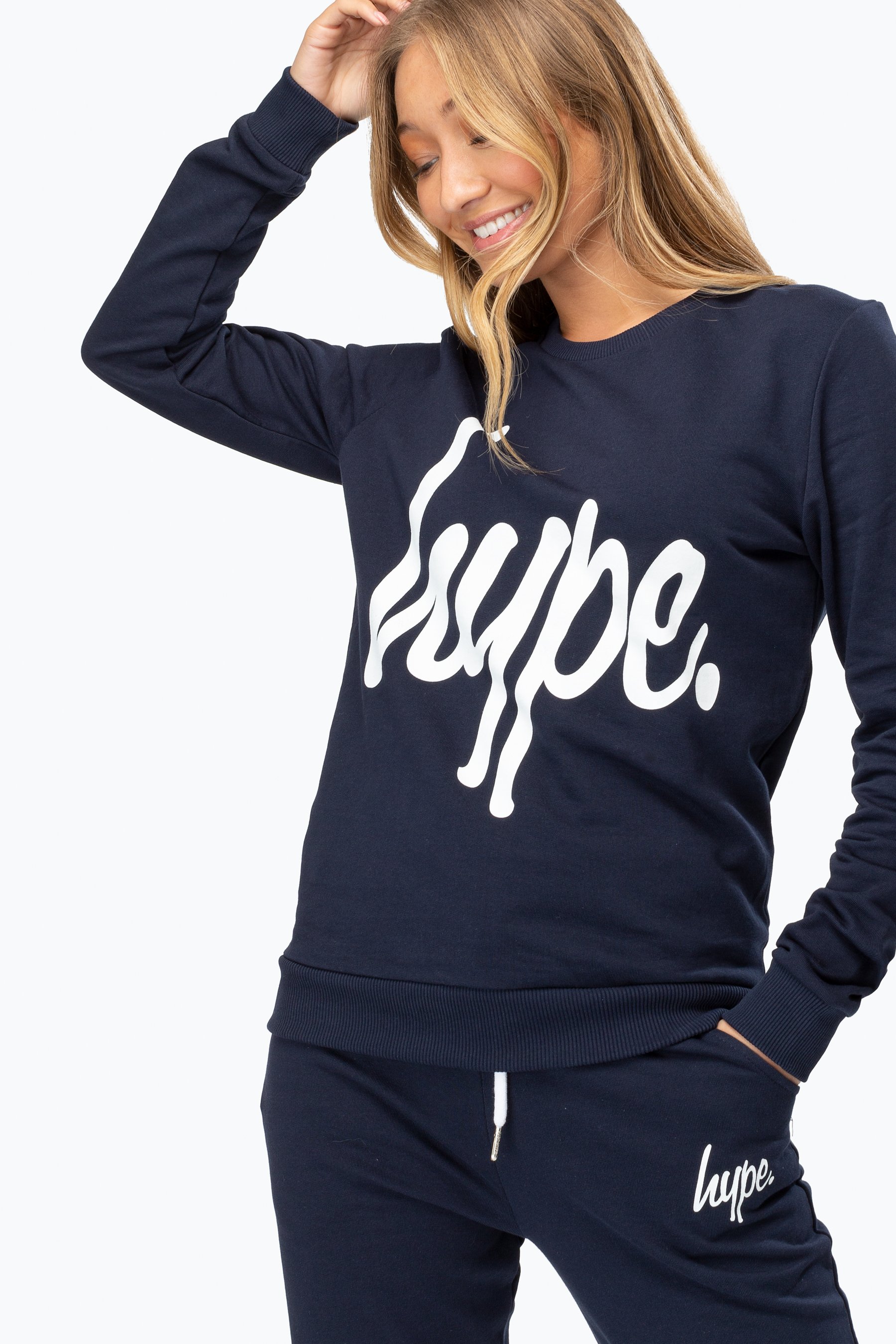 Hype Navy White Script Womens Crew Neck | Size 8
