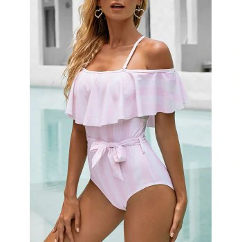 Rayures Flounce froid épaule ceinturée d'une seule pièce Maillots de bain