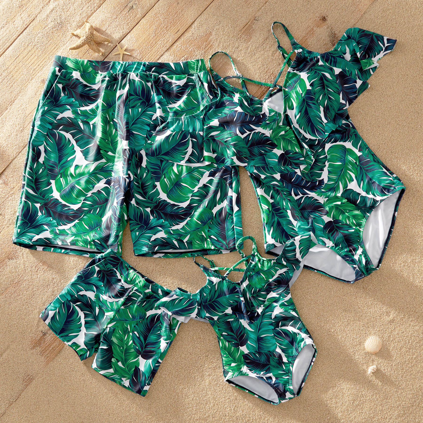 Flounce Banana Leaf Print Matching Swimsuits