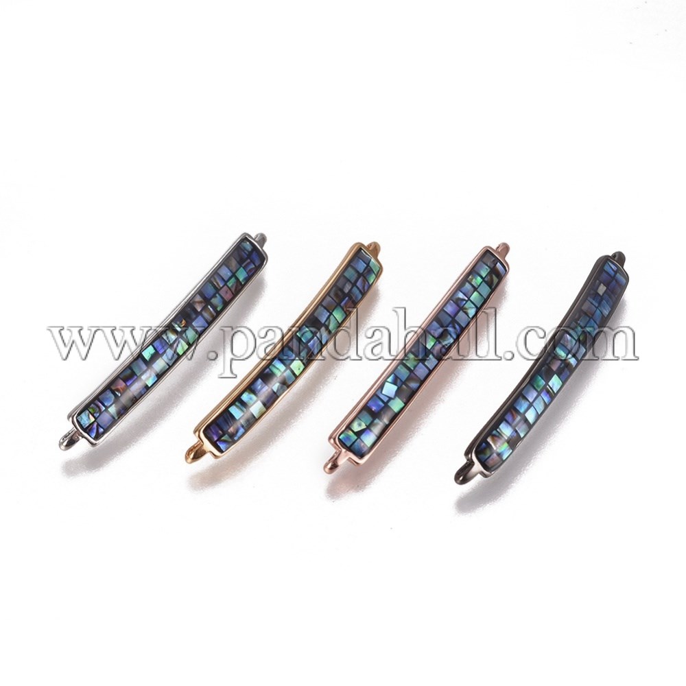 Abalone/Paua Shell Links/Connectors, with Brass Findings, Rectangle, Mixed Color, 37x5x2.5mm, Hole: 0.8x2mm