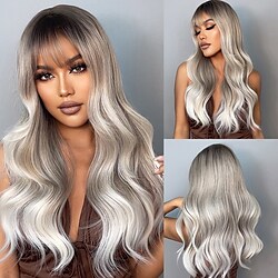 HAIRCUBE Womens Synthetic Wig with Bangs Long Ombre Brown Ash White Auburn Wavy Fake Hair Cosplay Party Daily High Temperature Wig Lightinthebox