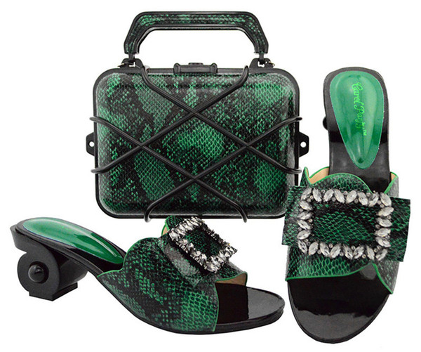 fashionable green women kitten heel 6.5cm with rhinestone african shoes match handbag set for dress gl02