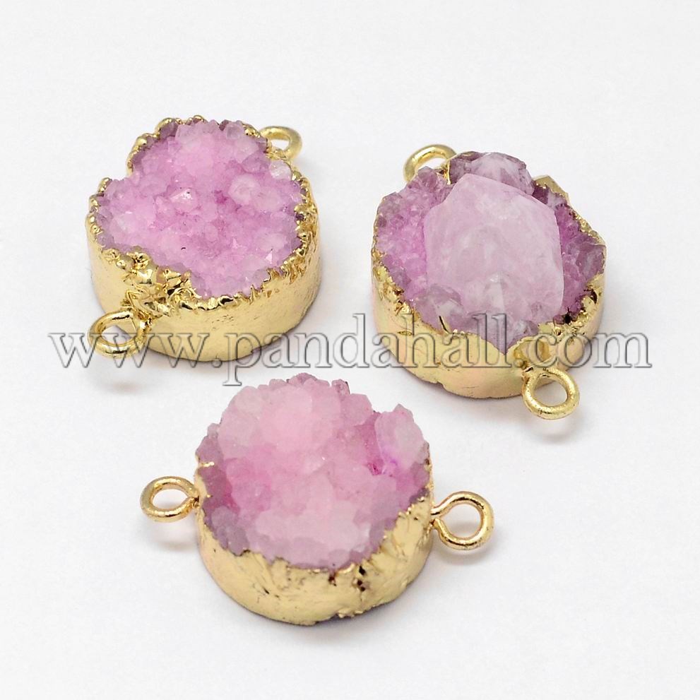 Electroplated Natural & Dyed Druzy Agate Links/Connectors, with Golden Plated Brass Findings, Flat Round, PearlPink, 21~22x15x9~11mm, Hole: 2mm