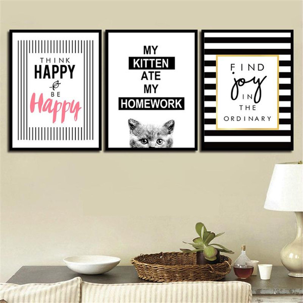 black and white paintings nordic canvas poster wall art print cute cat and english modern quotes pictures living room home decor